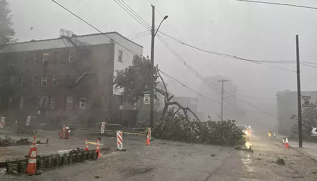 Fallen tree and power line at the intersection of Montclair Street and Greenfield Avenue, in Greenfield on June 13. - CP PHOTO: JARED WICKERHAM