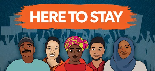 five people of different genders and skin colors with text here to stay