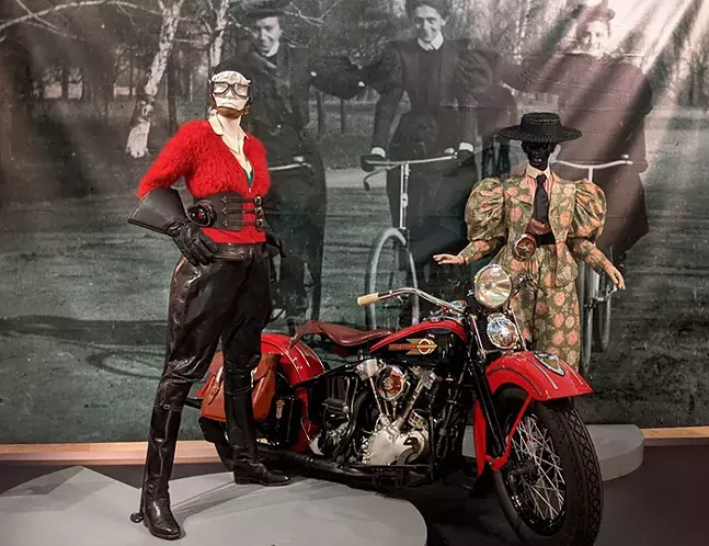 Motorcycle and cycling outfits at Frick Art Museum's Sporting Fashion: Outdoor Girls 1800 to 1960 - CP PHOTO: AMANDA WALTZ