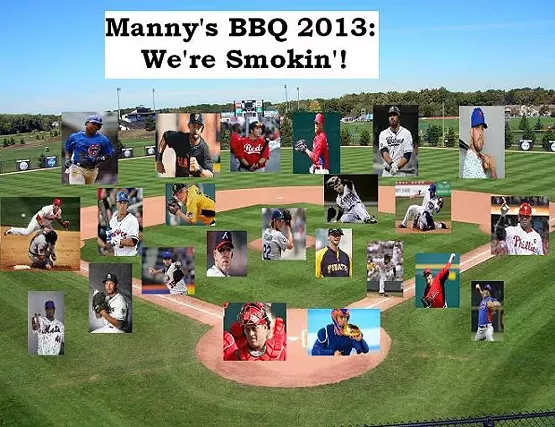 The ridiculous media guide for the 2013 opening day lineup for the Manny’s Barbecue fantasy baseball team - PHOTO ILLUSTRATION BY CHARLIE DEITCH