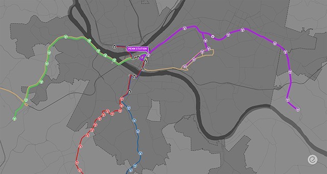 Map of the current alignment of Pittsburgh's West Busway (in green) and East Busway (in purple) - IMAGE: COURTESY OF PCRG