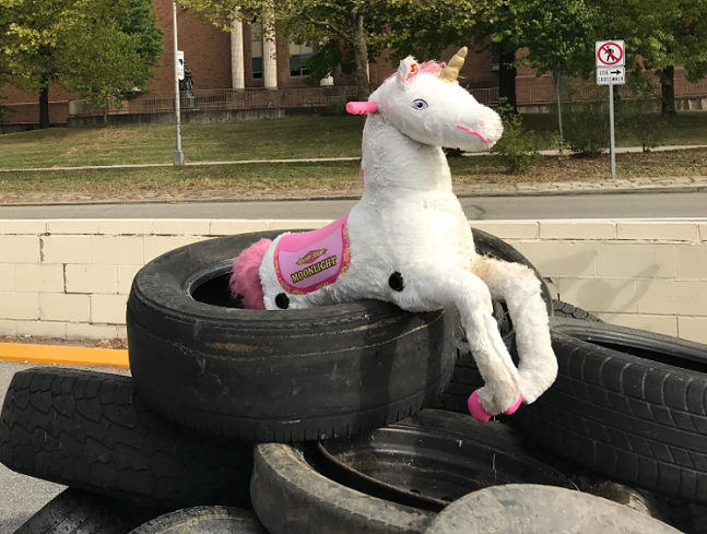 A toy unicorn in a pile of tires found in 2020 - PHOTO: COURTESY OF THE OLYMPIC GAMES WASTE