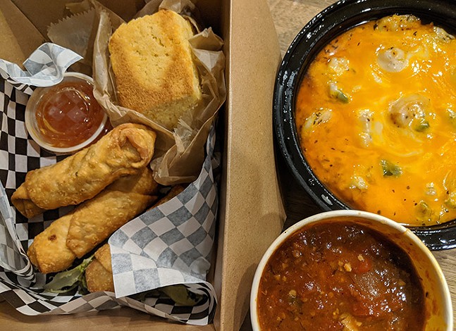 Food delivered from Carmi Soul Food: Carmi Rolls, shrimp and grits, and fish stew - CP PHOTO: LISA CUNNINGHAM