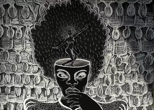 "Navigating White Spaces," a scratchboard drawing by Christiane Dolores for a song by the same title, part of a visual/musical project highlighting the themes of love, joy, liberation, and chaos - ILLUSTRATION: CHRISTIANE DOLORES
