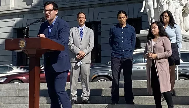 Billy Reeves, of Casa San Jose speaks during a rally at the state Capitol on Mon., Oct. 25, 2021. - PENNSYLVANIA CAPITAL-STAR PHOTO: JOHN MICEK