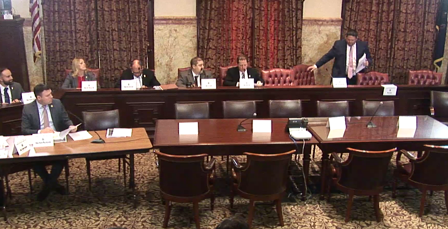 State Rep. Gerald Mullery (D-Luzerne) leaves a House committee hearing on public sector unions Monday. - SCREENSHOT TAKEN FROM PA. HOUSE FEED
