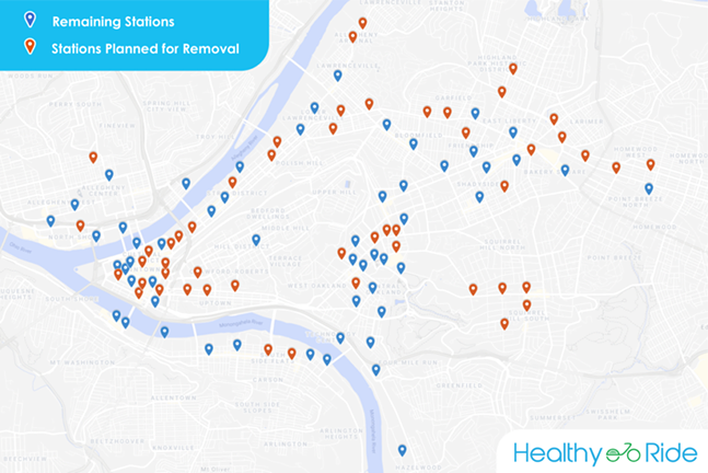 Map of the Healthy Ride stations to be removed in 2022 - IMAGE: COURTESY OF HEALTHY RIDE