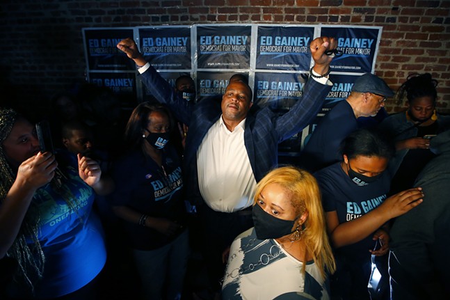 Mayoral candidate Ed Gainey celebrates after incumbent Bill Peduto conceded during his watch party at the OnePA offices in the North Side on Tue., May 19, 2021. - CP PHOTO: JARED WICKERHAM