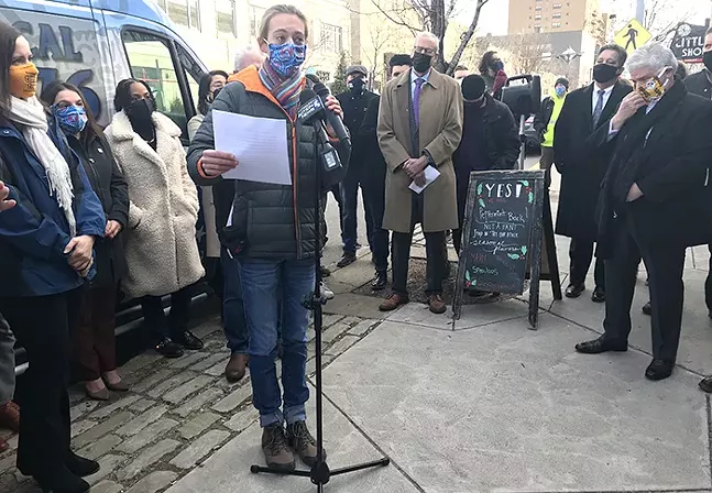 Liam Tinker, a worker at Coffee Tree Roasters who says he was fired for labor organizing, speaks at a rally in Squirrel Hill on Jan. 5. - CP PHOTO: RYAN DETO