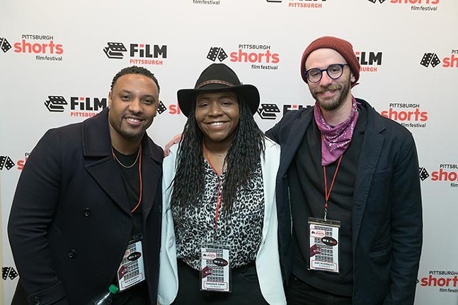 Filmmakers Kevin Maxwell (left), Hadassah Curry (center), and Alec Silberblatt (right) on the red carpet at the 2021 Pittsburgh Shorts and Script Competition - PHOTO: COURTESY OF FILM PITTSBURGH