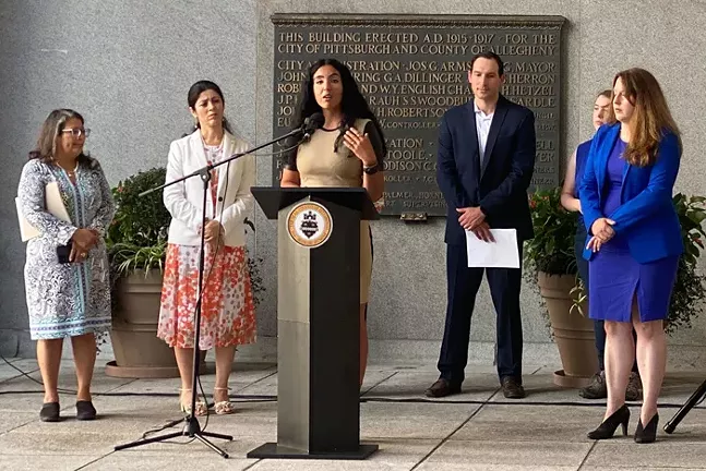 Pa. Second Lady Gisele Fetterman speaks during a rally in Downtown Pittsburgh on Fri., June 17, 2022. - CP PHOTO: LADIMIR GARCIA