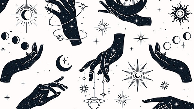 A bunch of black hands juggling a collage of black astrological figures on a white background, including stars, moons, and suns