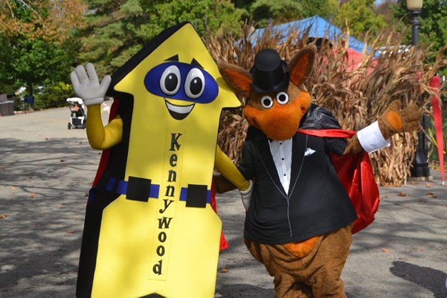 Kenny the Kangaroo and another costumed character from Kennywood wave at the camera