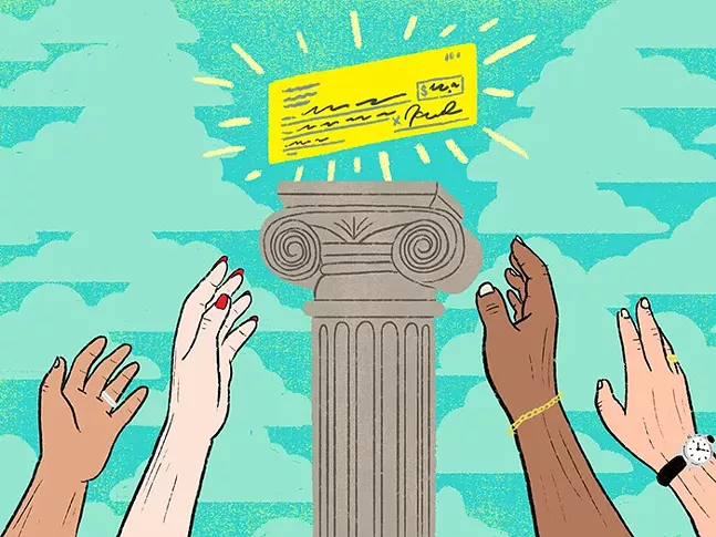 Colorful illustration of hands of different ethnicities reaching up to a check floating in the sky