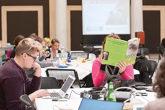 Participants update Wikipedia articles about underrepresented artists using resources from local libraries. - PHOTO COURTESY OF BRYAN CONLEY, CARNEGIE MUSEUM OF ART