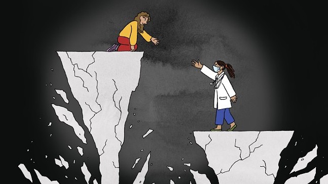 Illustration of a person on a high boulder, that's cracking and about to fall, reaching down to grab the hand of a doctor who's standing on a shorter boulder, also cracking and about to fall