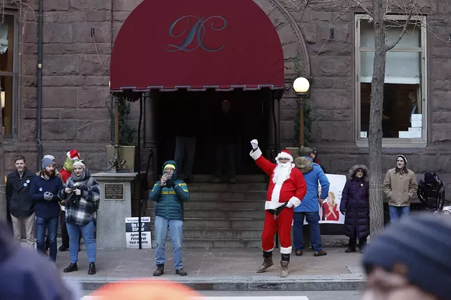 Striking Post-Gazette workers protest outside publisher's Duquesne Club wedding reception
