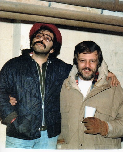 Tony Buba stands on a box to top the 6'5" George Romero in a photo from the set of "Dawn of the Dead" circa 1977 - PHOTO COURTESY OF TONY BUBA