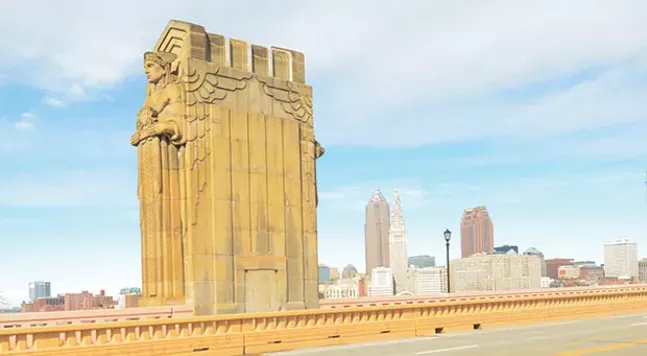 The Guardians of Traffic stand on the Lorain-Carnegie bridge in Cleveland. - CLEVELAND PHOTO BY ERIK DROST