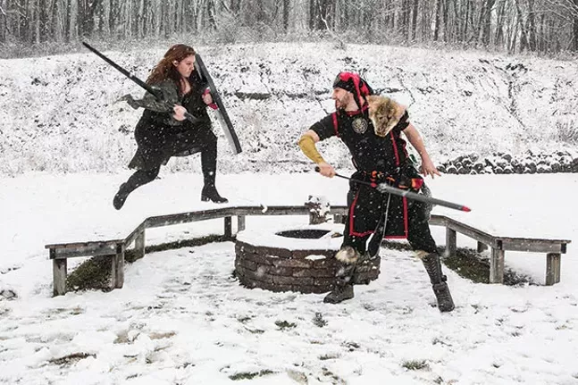 Raphael Brothers and Ron Goldie at a Pittsburgh Roleplaying Organization LARPing event in Sewickley - CP PHOTO BY JOHN COLOMBO