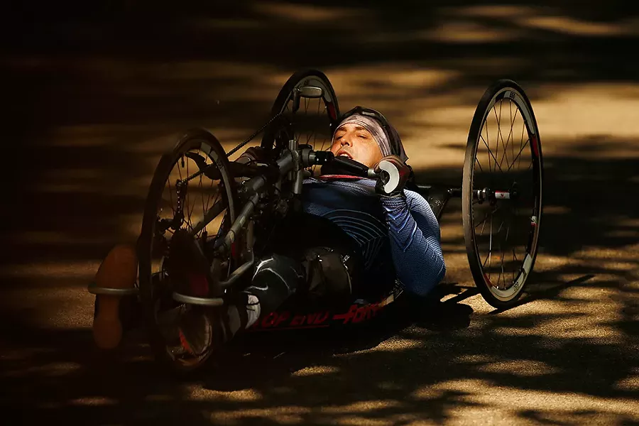 Attila Domos handcycles around the Highland Park bike track. - CP PHOTO: JARED WICKERHAM