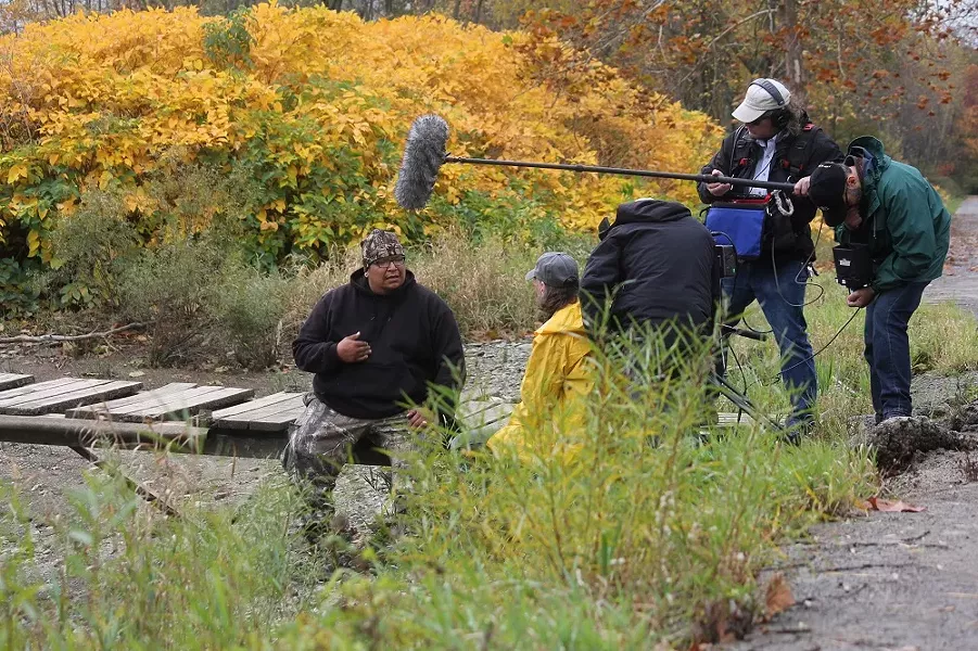 Lake of Betrayal film crew interviews subject Ed Buffalo - LAKE OF BETRAYAL: THE STORY OF KINZUA DAM