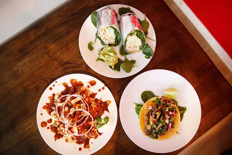 The mole poblano, veggie burrito, and chorizo burrito - CP PHOTO: JARED WICKERHAM