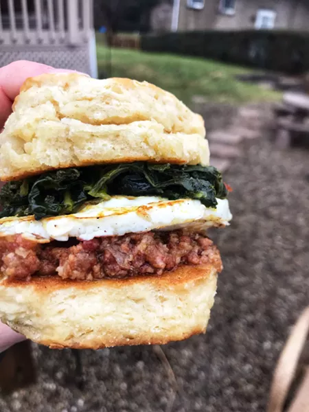 Biscuit with Bacon Jam Greens and Egg - PHOTO: LENA LASKARIS