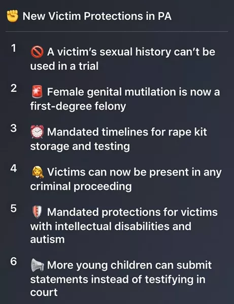 List of new victim protections tweeted out by Gov. Tom Wolf