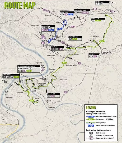 The green and blue routes represent Heritage’s current service. The routes serve UPMC East in Monroeville, McKeesport, Penn Center Mall in Wilkins township and East Pittsburgh. A third route will be added in October, serving Braddock and the Wal-Mart in North Versailles. - PHOTO COURTESY OF PAULA MCWILLIAMS