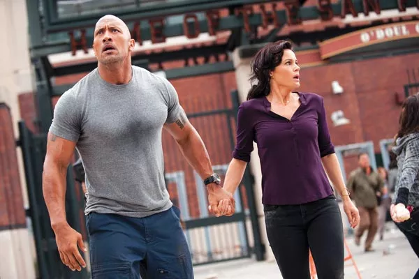 Can this marriage be saved? Dwayne Johnson and Carla Gugino ride out the Big One.