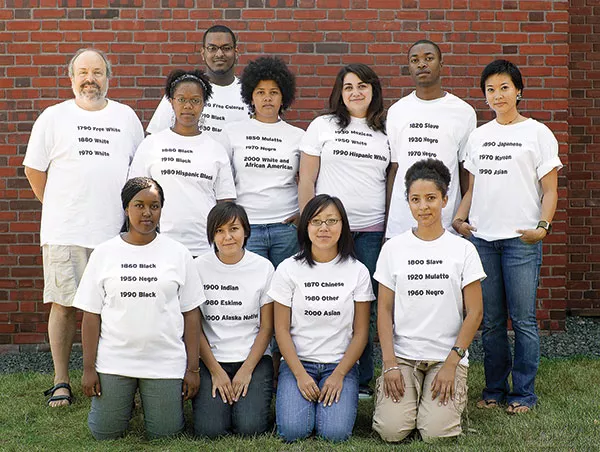 "What are you?": A photo from RACE, of college students wearing T-shirts printed with racial categories they would have been assigned in three different censuses