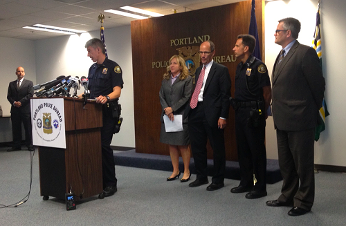 From left, police spokesman Lieutenant Robert King, US Attorney for Oregon Amanda Marshall, Assistant Attorney General Thomas Perez, Police Chief Mike Reese, and Mayor Sam Adams