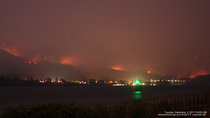 Fires burn unchecked in the Columbia River Gorge on Monday.