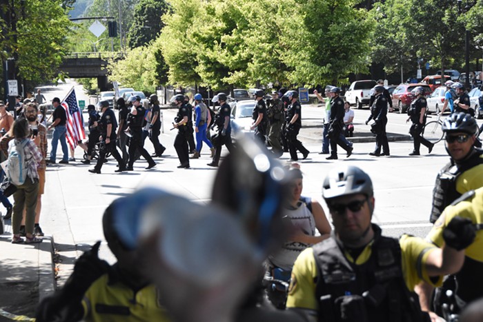 Police escorted about a dozen Patriot Prayer demonstrators to the waterfront (the rest were in Vancouver)