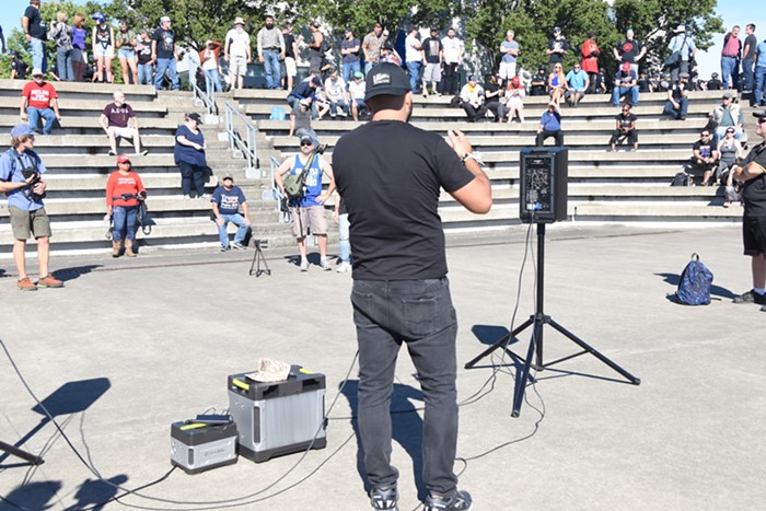 Patriot Prayers Joey Gibson talks to supporters