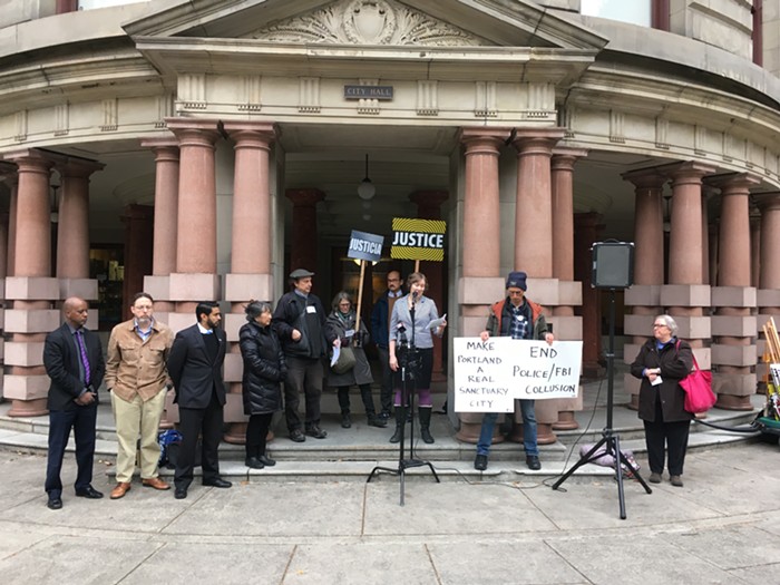 Groups including the Oregon ACLU, CAIR Oregon, and Portland Copwatch call on the city to nix JTTF involvement this morning. Groups including the Oregon ACLU, CAIR Oregon, and Portland Copwatch call on the city to nix JTTF involvement this morning.