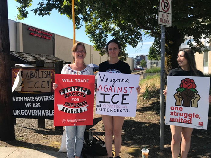  Connie Delgado, Marley Delgado, and Sabina Forbes protest at ICE