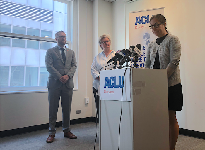 Michelle Fawcett speaks during an ACLU press conference Monday morning.