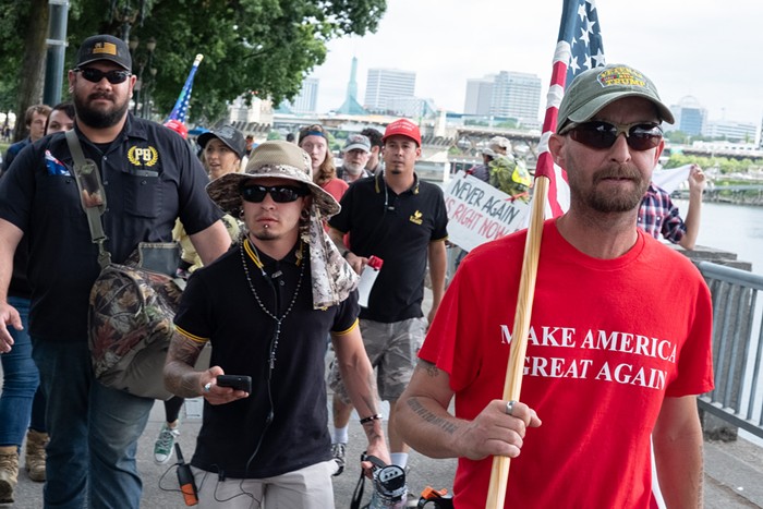 Proud Boys march in Tom McCall Waterfront Park on August 17.