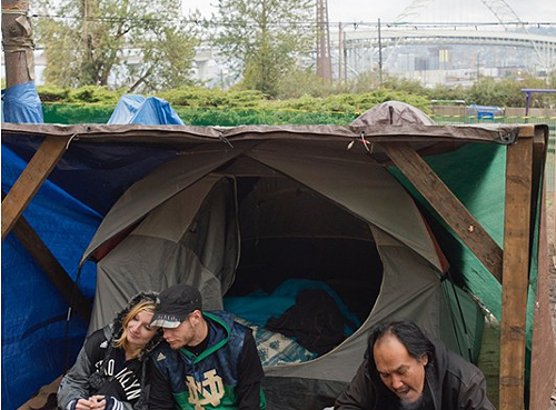 Residents of Hazelnut Grove in 2015. The camp has since grown into a collection of tiny homes.