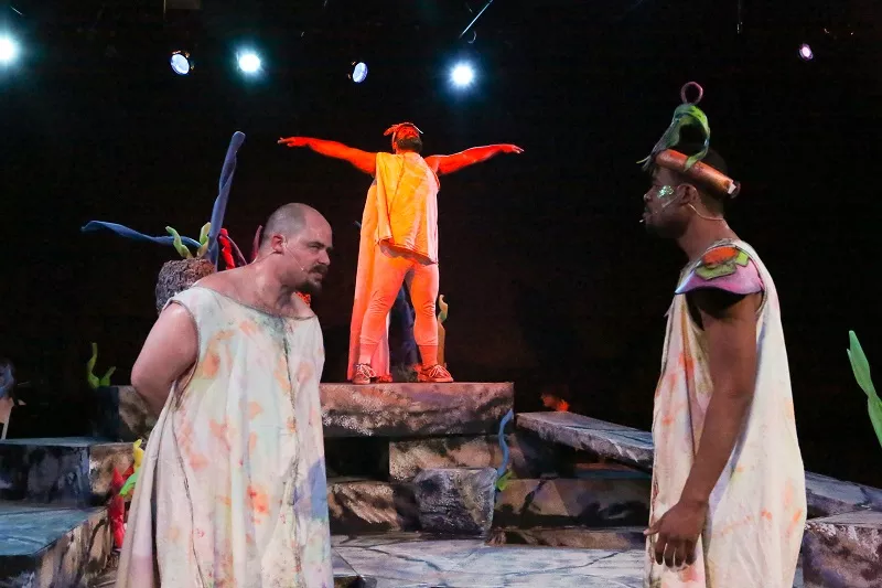 Eldest and Wise (from left, Zachary Allen Farmer and Micheal Lowe) argue about punishing Second (Dominic Dowdy-Windsor, center). - JILL RITTER LINDBERG