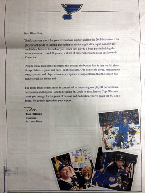St. Louis Blues Take Out Newspaper Ad to Remind Fans How Disappointing Playoffs Were | News Blog