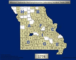 Missouri meth labs in 2009. Click for larger image. - PROVIDED BY THE MISSOURI STATE HIGHWAY PATROL