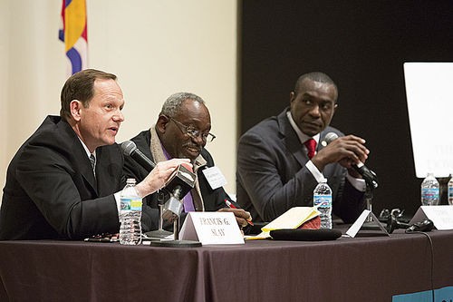 Francis Slay, left and Lewis Reed, right, at a mayoral debate earlier this year. - PHOTO BY THEO R. WELLING