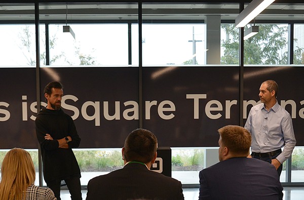 Jack Dorsey, left, and Jesse Dorogusker unveil the Square Terminal, Square's latest development in payment processing devices. Square, "is a company focused on economic empowerment," Dorogusker says. - TOM HELLAUER