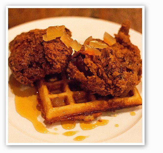 &nbsp;&nbsp;&nbsp;&nbsp;&nbsp;&nbsp;&nbsp;Juniper's chicken and waffles dish with pickled watermelon rind. | Mabel Suen