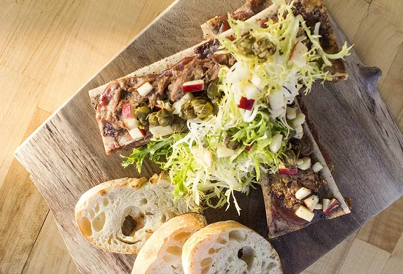 "Short Rib & Bone Marrow" with Medjool-date jam, frisee and Doublestar apple salad. - MABEL SUEN