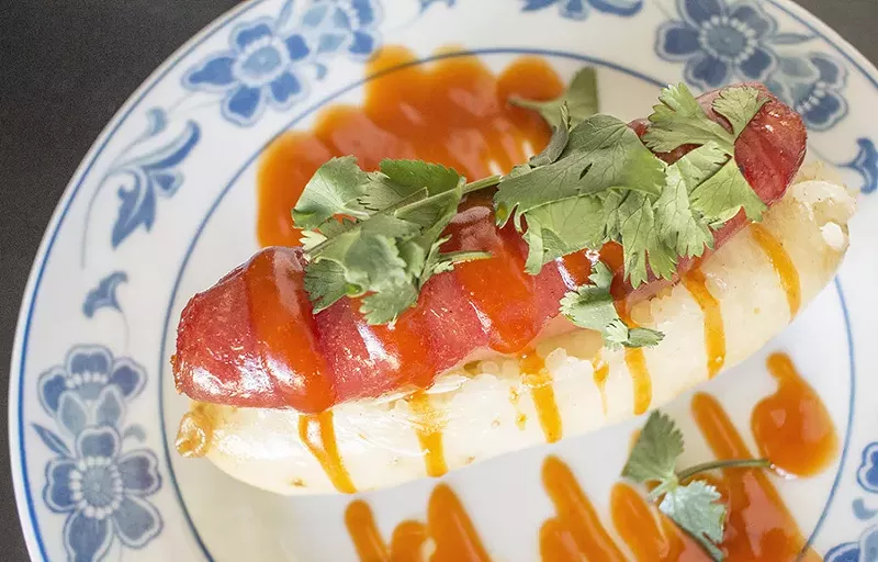 Sticky rice hot dog with handmade sticky rice sausage. - PHOTO BY MABEL SUEN