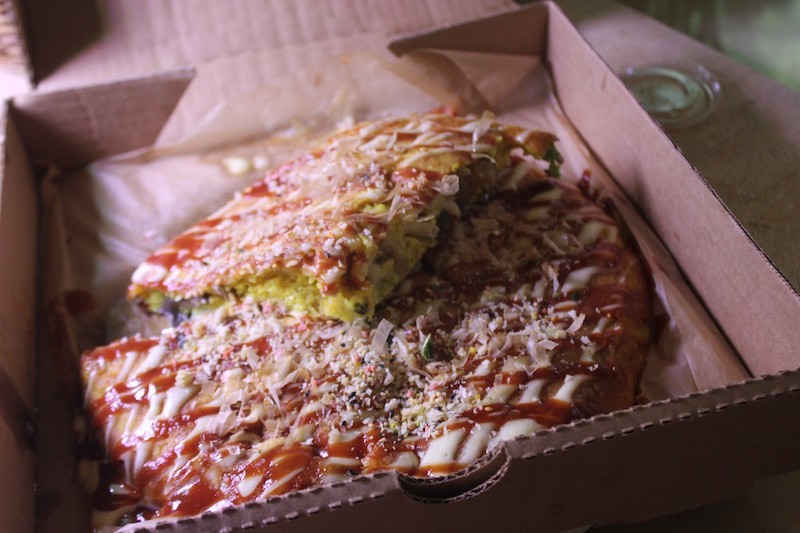 Okonomiyaki is said to be like a Japanese pizza — and the box certainly suggests as such — but it's really more akin to a savory pancake. - PHOTO BY SARAH FENSKE